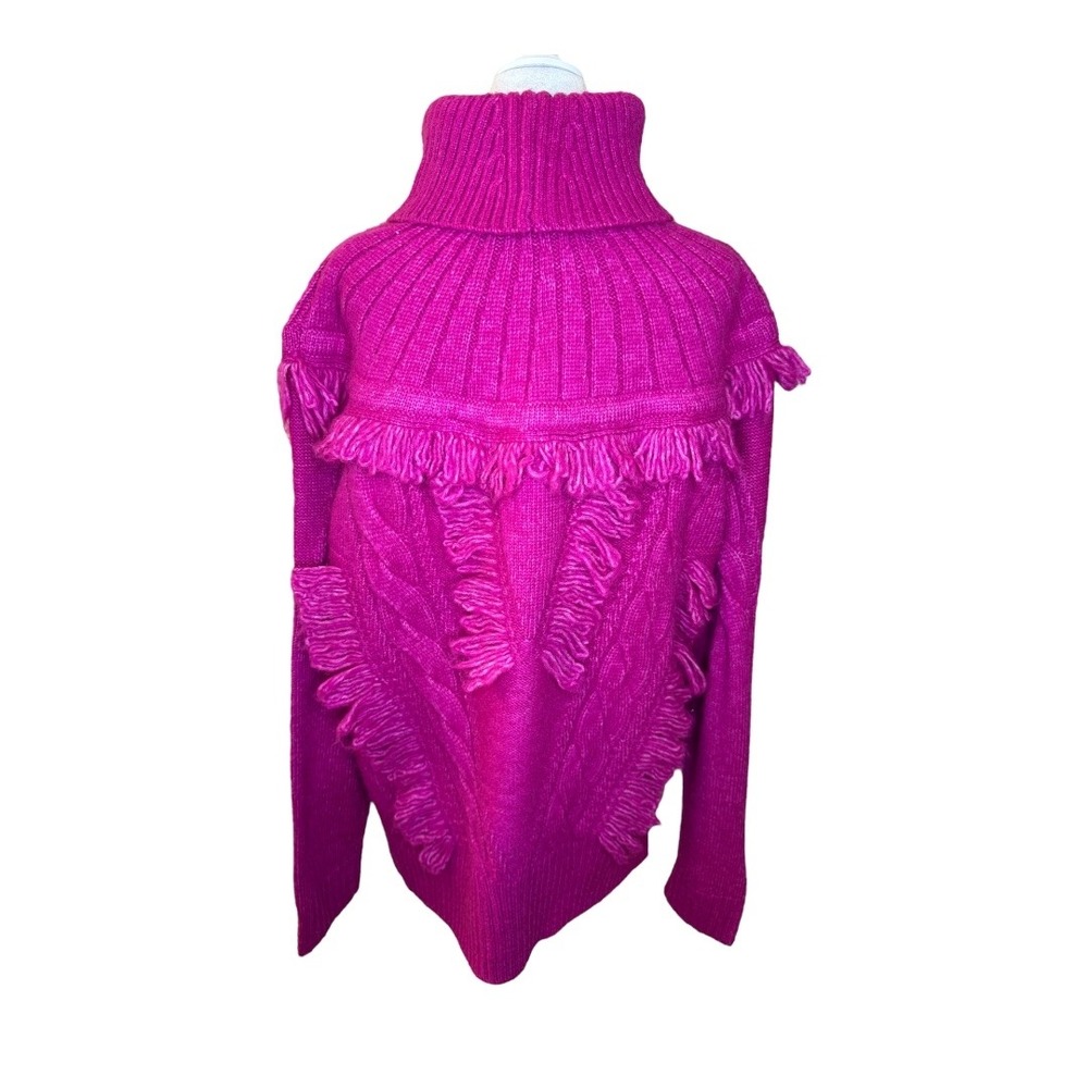 Ramy Brook Mya Sweater Fringe Trim Cable Knit Turtleneck Hot Pink Size Large NWT - Picture 4 of 9